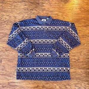 Vintage Denim Express Purple Fleece Geometric Snowflake Long Sleeve Polo Shirt L